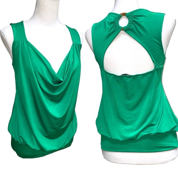 Hot & Delicious Green Open Back Tank Top Wooden Ring Gathered Shoulder Sz Large - Picture 10 of 10